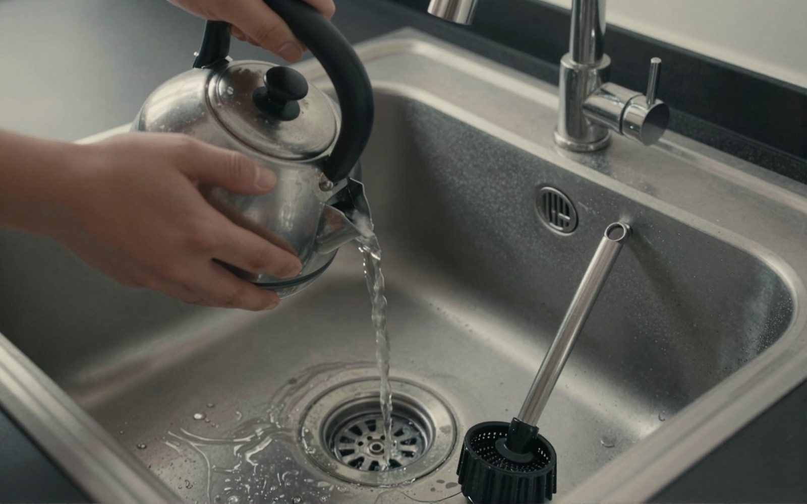 Illustration: hands pouring hot water from a kettle into a kitchen sink drain, a sink plunger beside it