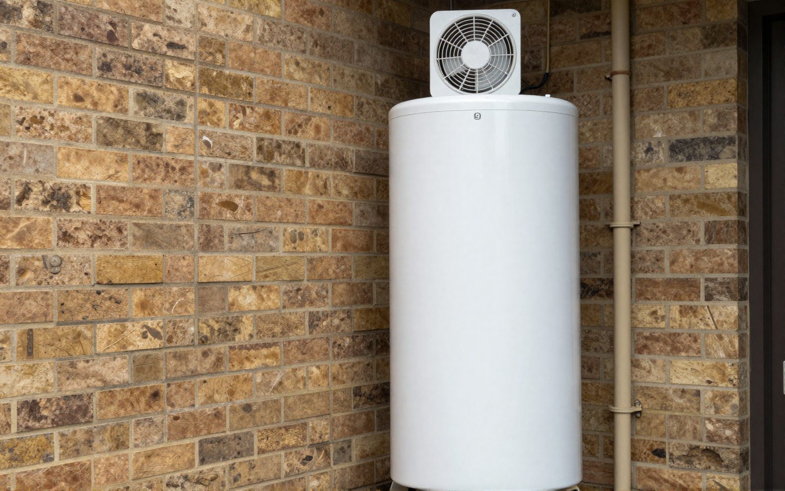 Illustration: a tall white cylindrical hot water tank standing beside a brick wall, with a compact round fan unit built into the top of the tank, an integrated heat pump water heater, pipes running into the wall