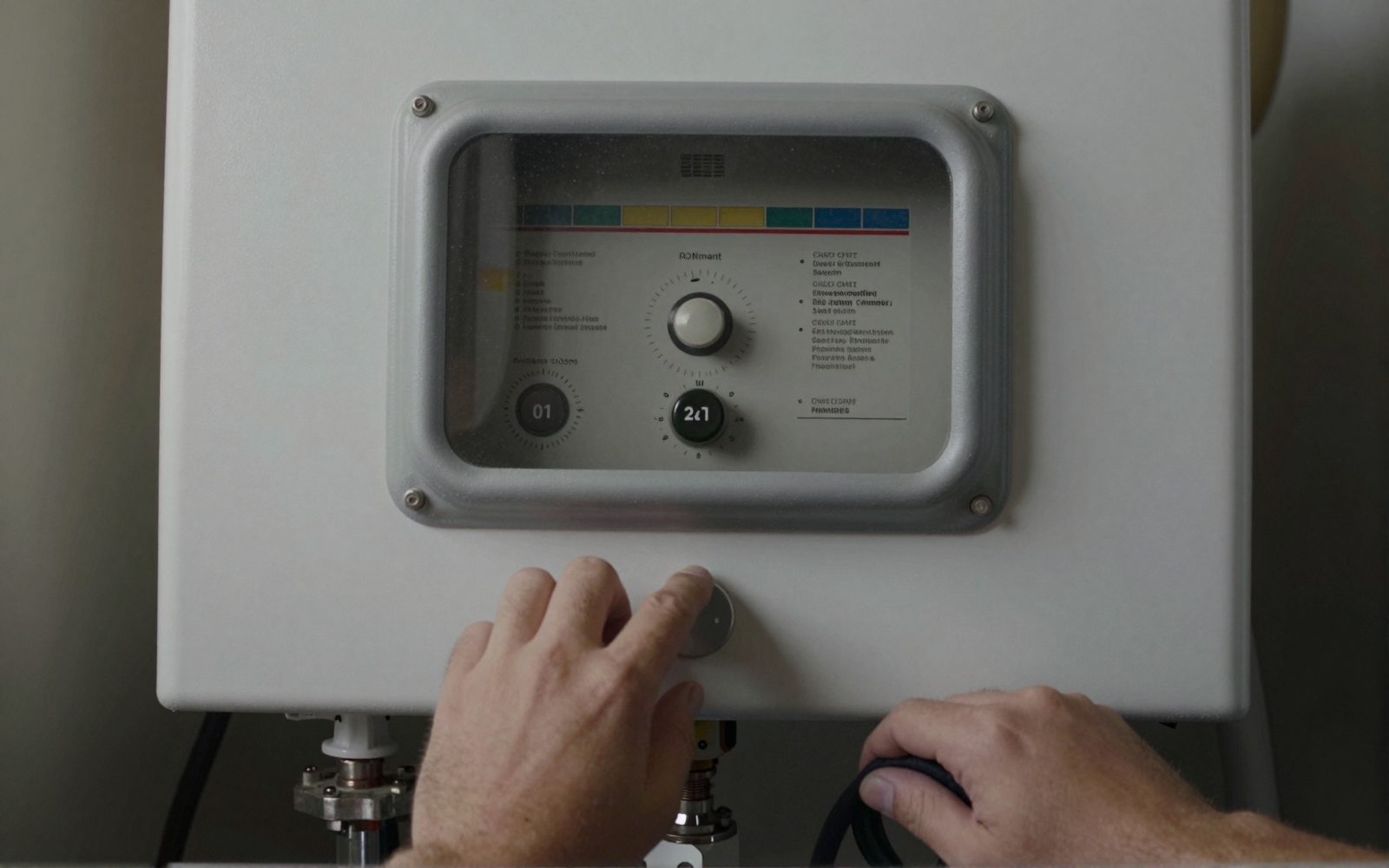 Illustration: close up of the control panel and pilot window at the base of a gas storage hot water system