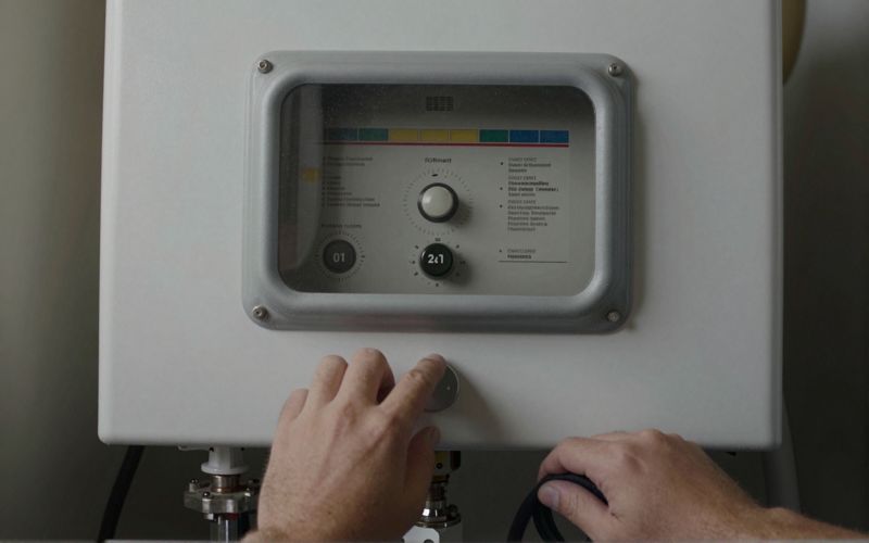Illustration: close up of the control panel and pilot window at the base of a gas storage hot water system