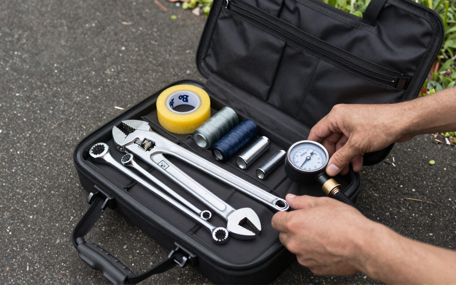 Illustration: a plumber's tool bag open on a driveway: pipe wrench, spanners, thread tape, a pressure gauge, hands only