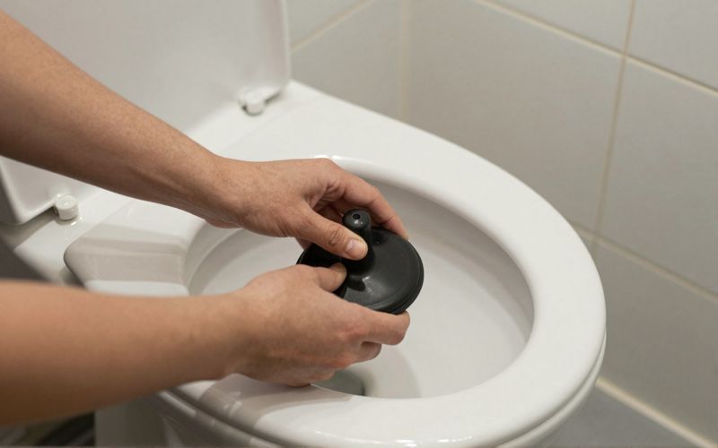 Illustration: hands holding a rubber flange plunger over a white toilet bowl in a tiled bathroom